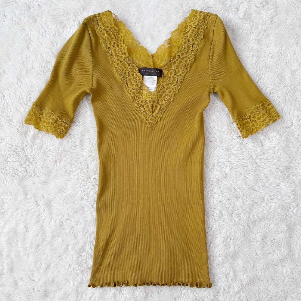 Y2K 90s Rosemunde Woman Ribbed Lace V-Neck Frill Top SMALL Country Cowgirl